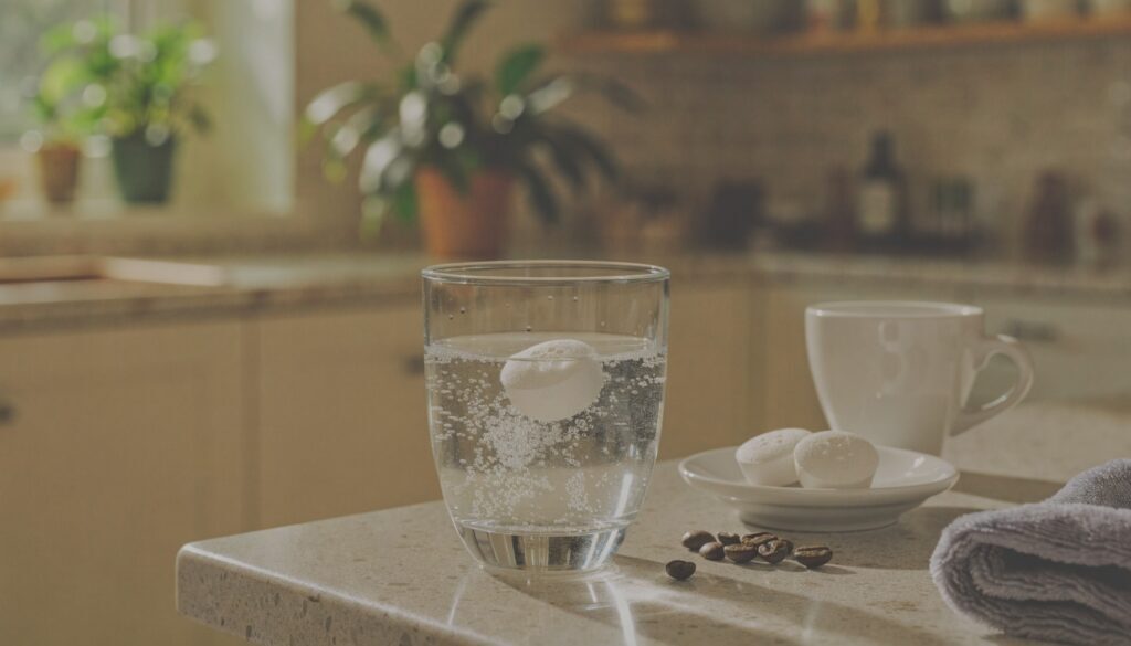 JURA entkalken: Tablette löst sich in einem Glas Wasser auf, daneben Espressotasse, Kaffeebohnen und Tuch auf der Küchenarbeitsplatte