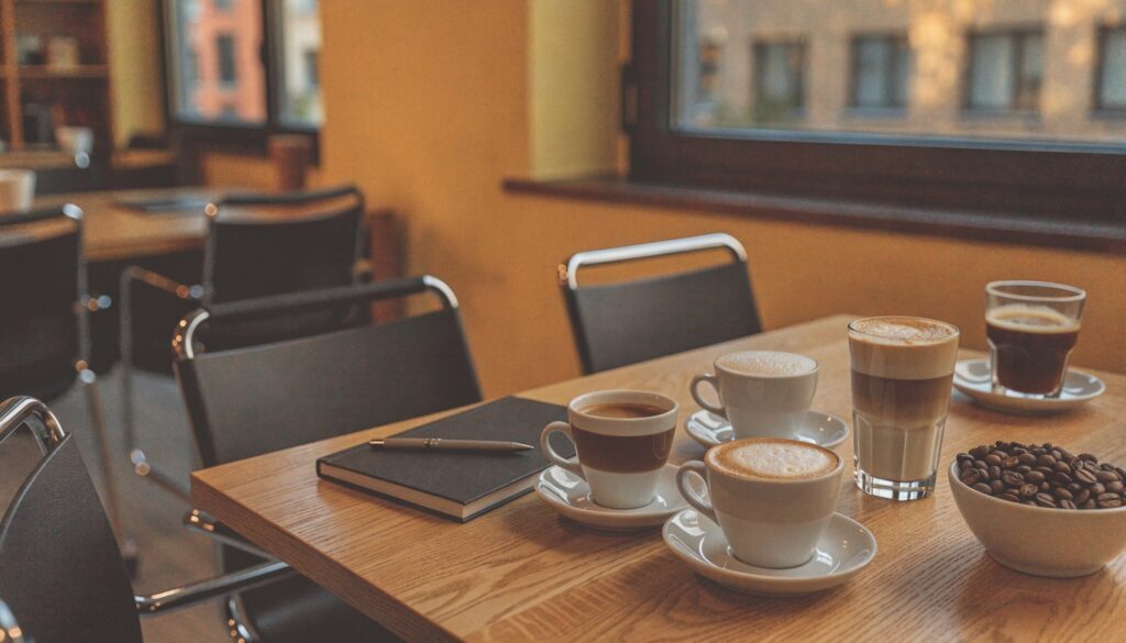 Kaffeespezialitäten auf einem Besprechungstisch im Büro: Espresso, Cappuccino und Latte macchiato neben Notizbuch und Kaffeebohnen