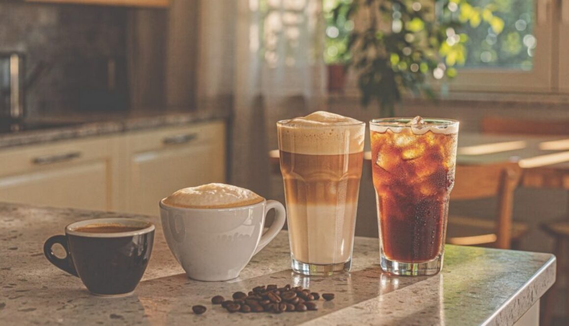 JURA Kaffeevollautomat Vergleich: Espresso, Cappuccino, Latte macchiato und Cold Brew nebeneinander auf einer Küchenarbeitsplatte