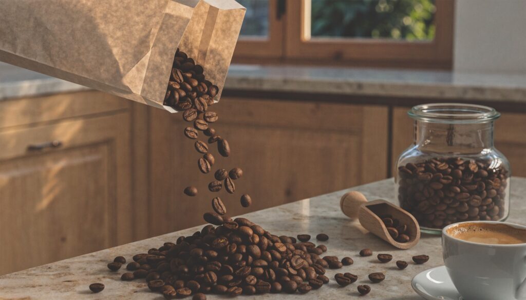 Kaffee für JURA Vollautomat: mittel geröstete Kaffeebohnen, Vorratsglas und Espressotasse auf einer Küchenarbeitsplatte