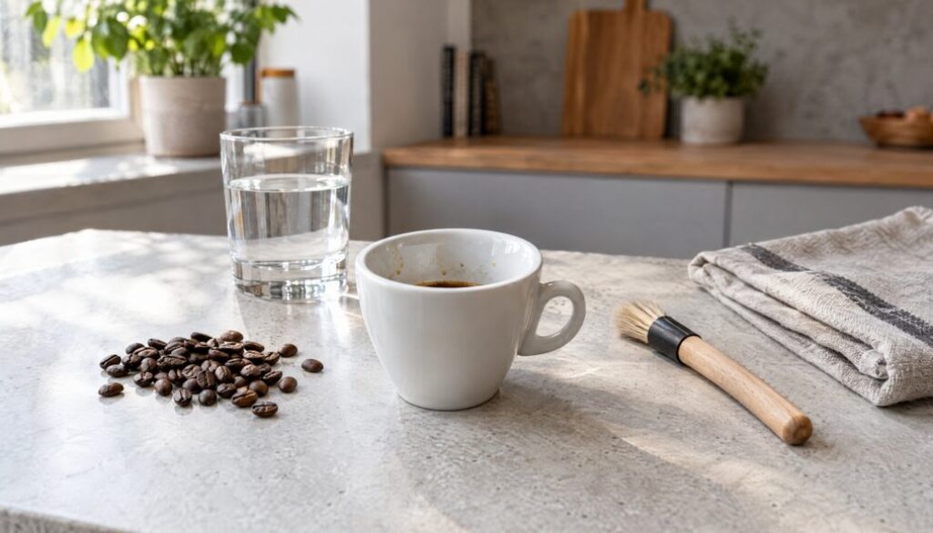 Kaffeemaschinen Reparatur Wien: Espressotasse mit wenigen Tropfen Kaffee, Kaffeebohnen, Wasserglas, Pinsel und Tuch auf der Küchenarbeitsfläche